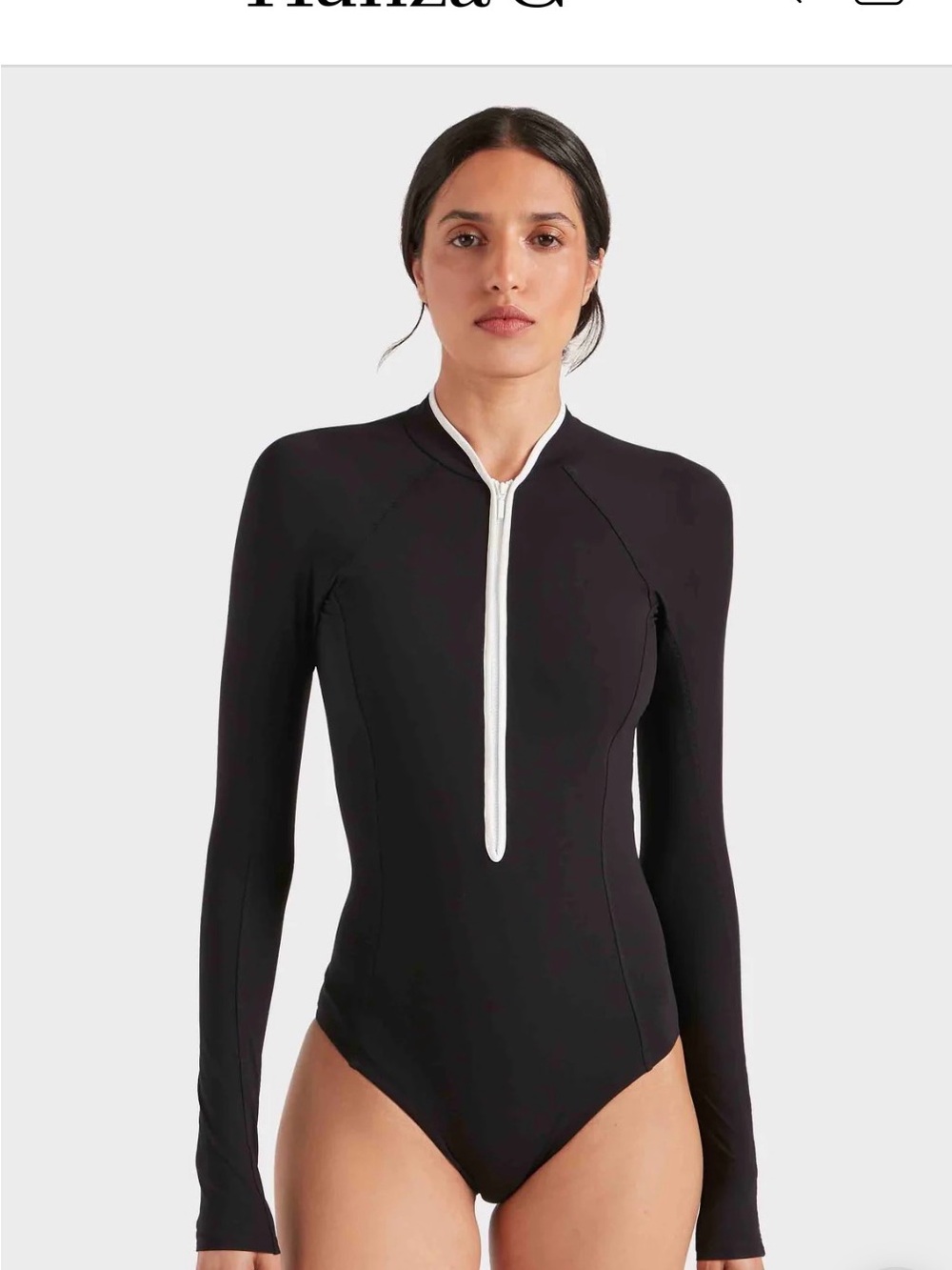 Hunza G Black Long-Sleeve Zip-Front One-Piece Swimsuit